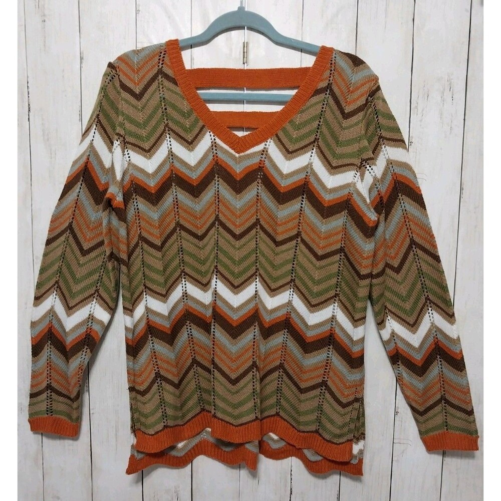 Sleek Women Large Chevron Sweater Boho Y2K Retro V-Neck Long Sleeve Earth Tones